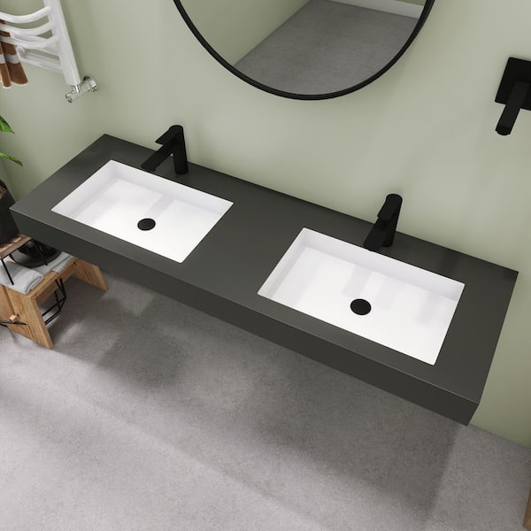 SJ STAR&JANE 59 in. Wall Mount Rectangle Double Vessel Sink, Solid Surface Bathroom Vessel Sink