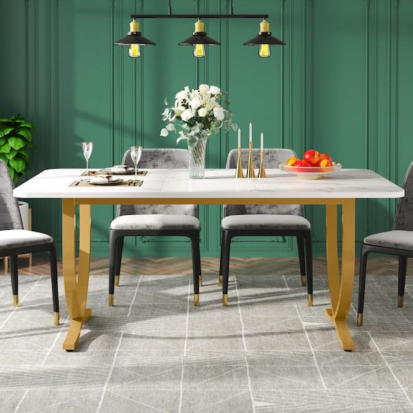 Rectangular White and Gold Marble Stone Table Top 63 in. Metal Cross Legs Dining Table for 4-6 People for Dining Room