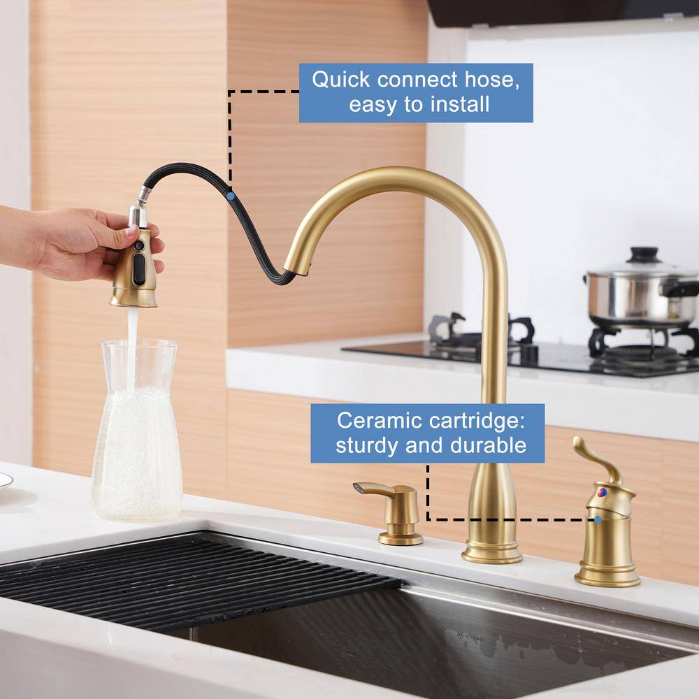 Brushed Gold Stainless Steel Pull Down Kitchen Faucet with Soap Dispenser