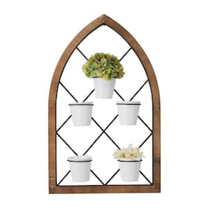 32in. Extra Large Brown Metal Hanging Wall Planter with White Pots and Black Metal Accents
