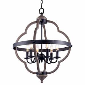 6-Light Matte Black and Anchor Grey Oak Candle Style Empire Chandelier with Rope Accents