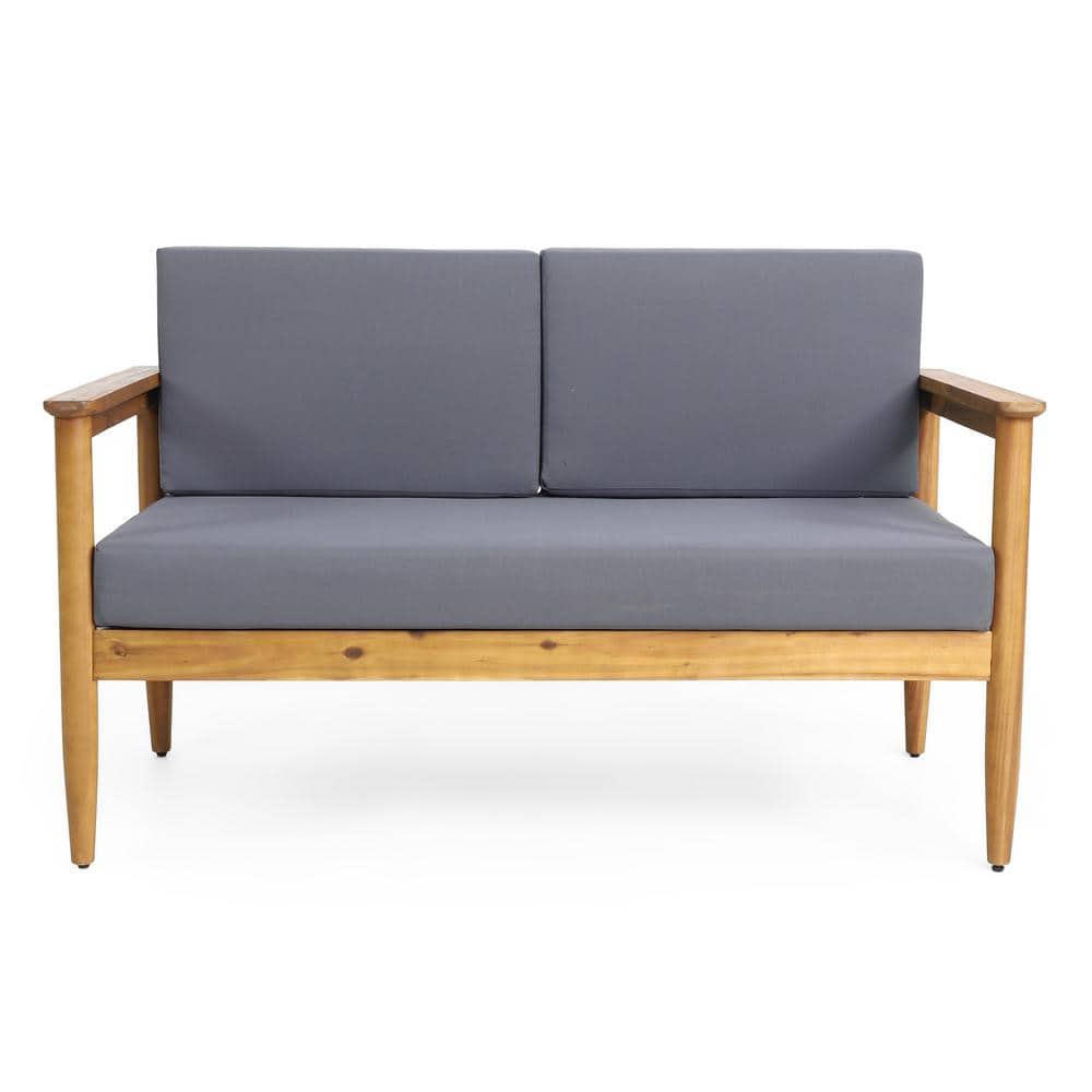 Teak Wood Outdoor Loveseat with Dark Gray Cushions