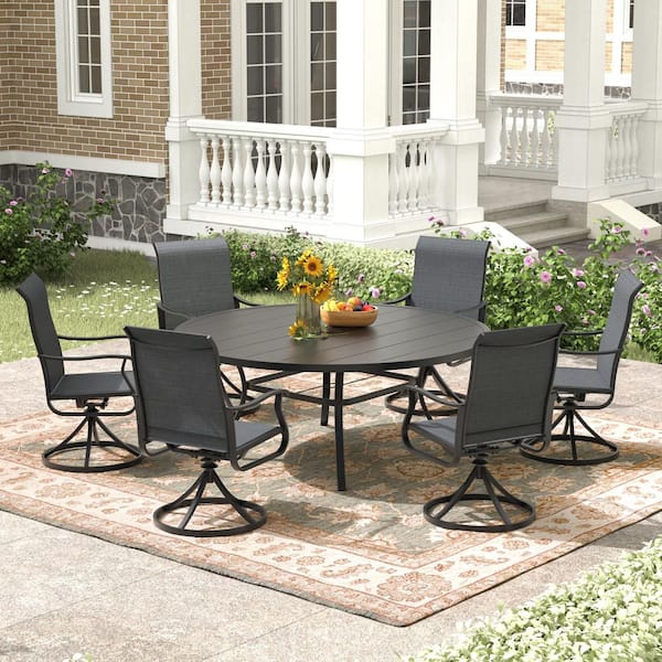 Tenleaf 7-Piece Metal 53 in. Round Outdoor Dining Set 360° Textilene Fabricswivel Chairs and 1.57 in. 1.90 in. Umbrella Hole