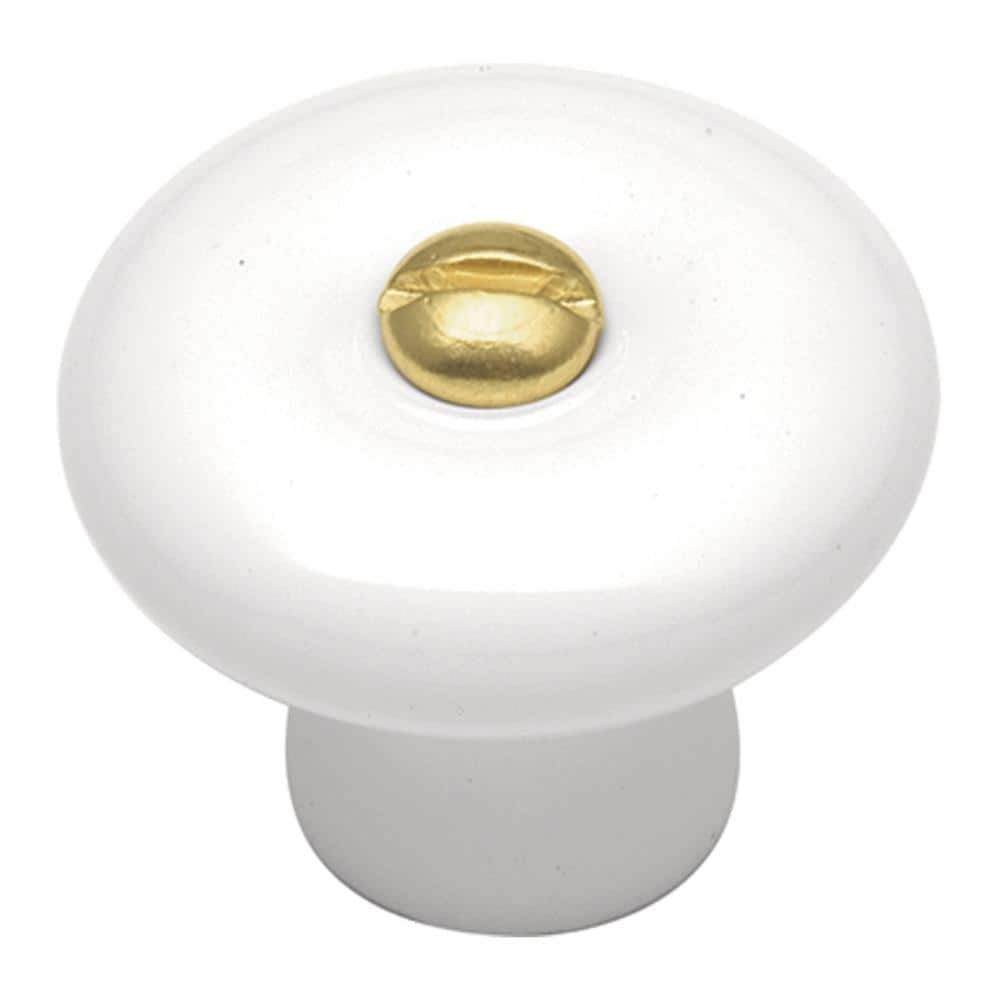 White Porcelain Round Cabinet Knob with Brass Accent