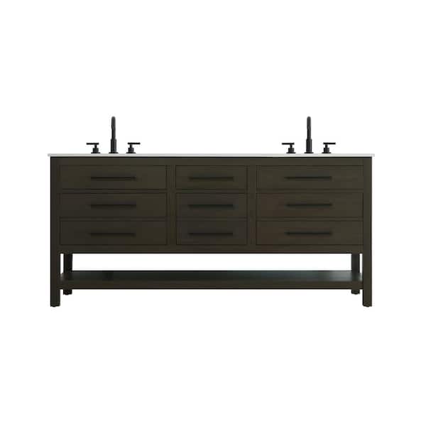 72 in. Double Sink Mocha Brown Bath Vanity with White Engineered Marble Top