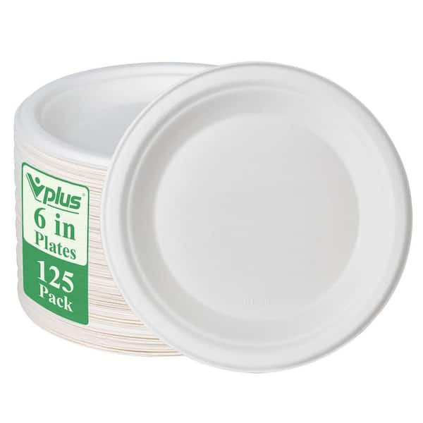 Classic White Biodegradable Disposable Plates, Microwave Safe Sturdy Bagasse Plates (Set of 125) for Snacks and Desserts