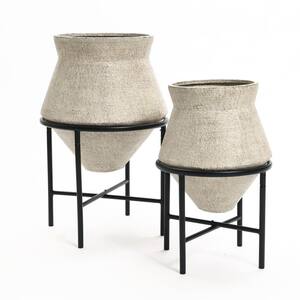 Beige Cachepot Iron Floor Planter Cauldron Set with Black Stands (2-Piece)