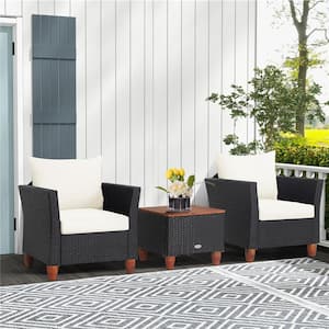3-Piece Metal Wicker Patio Conversation Set with White Cushions
