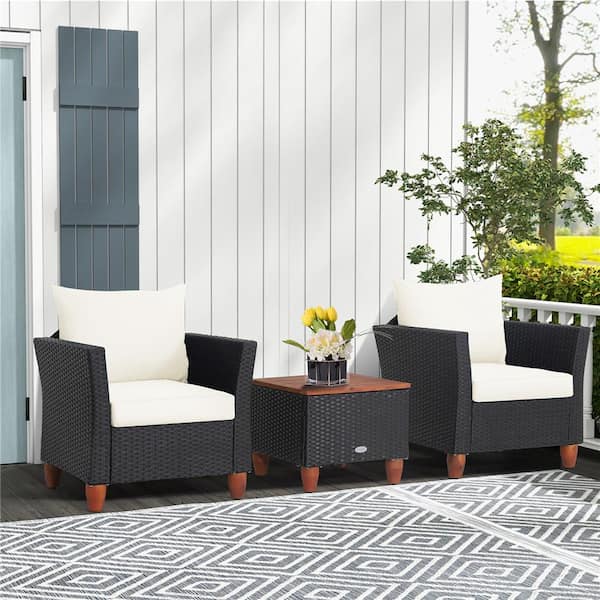 3-Piece Metal Wicker Patio Conversation Set with White Cushions
