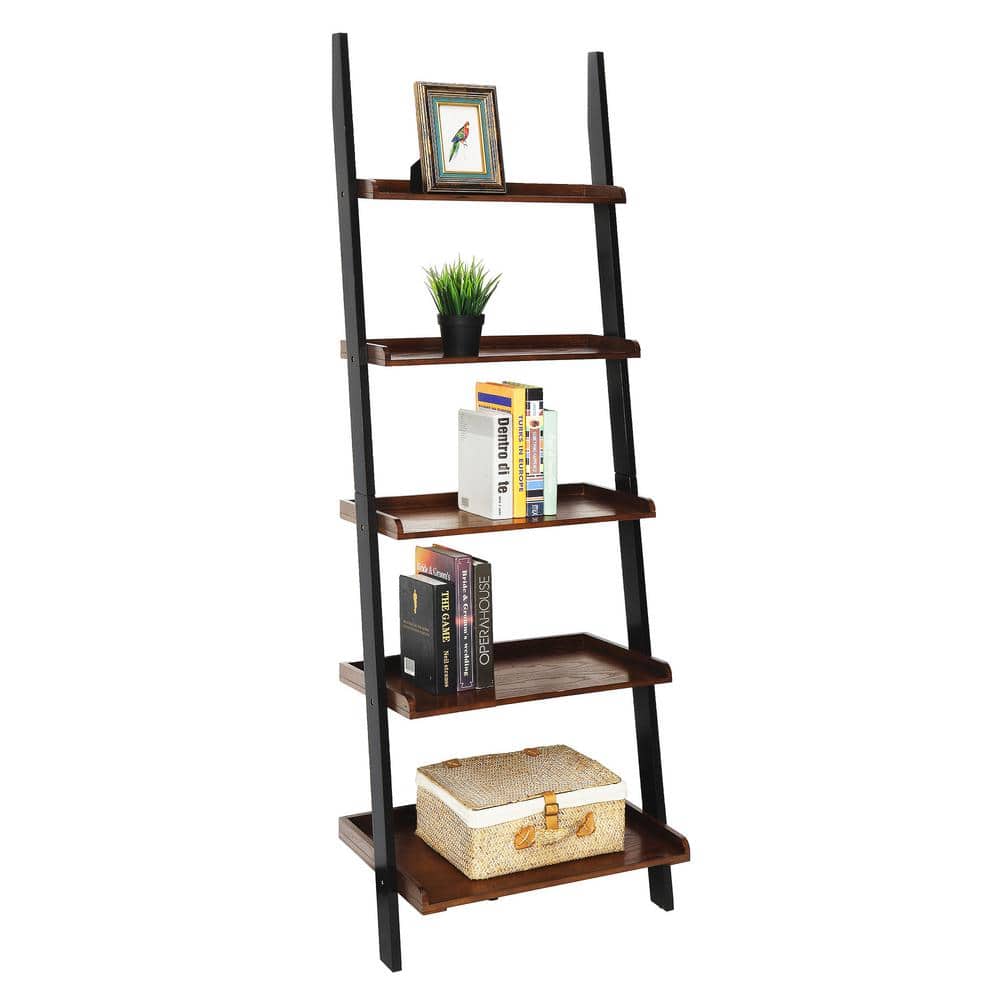 Elegant French Country 5-Shelf Ladder Bookcase in Dark Walnut and Black