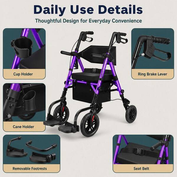 Wudkey 4-Wheel Lightweight 2 in 1-Purple Foldable Rollator Walker