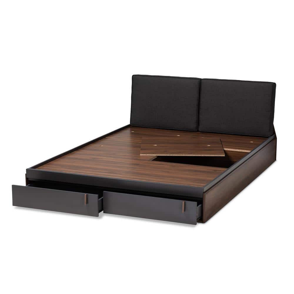 Queen Walnut and Gray Upholstered Wood Storage Bed with Drawers
