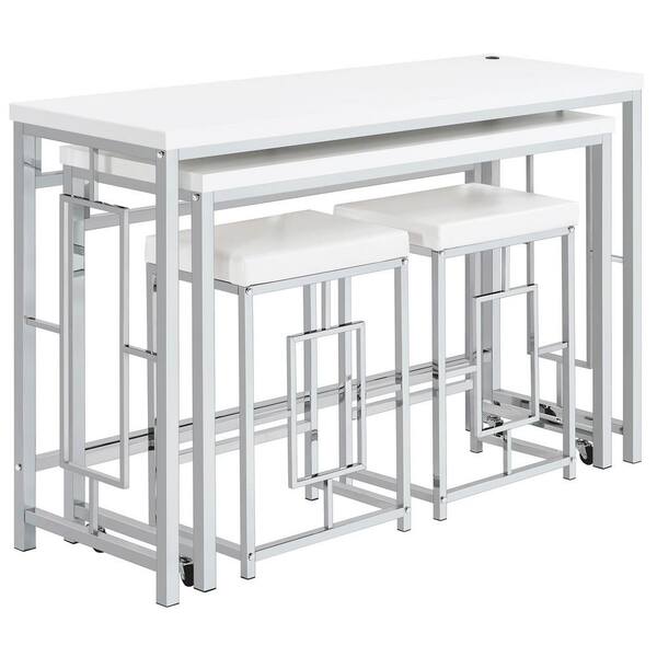 Coaster Jackson 4Piece White and Chrome Wood Top Multipurpose Counter Height Table Set 182714