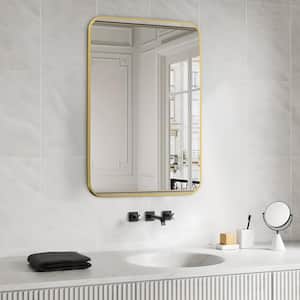 24 in. W x 36 in. H Small Rounded Corner Rectangular Aluminium Framed Wall Bathroom Vanity Mirror in Brushed Gold