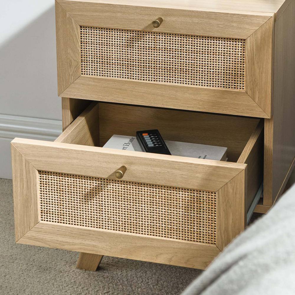 Soma Oak 2-Drawer Nightstand with Rattan Weave Detail