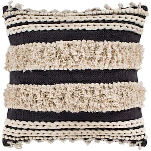 Adela Charcoal Striped Tassels Down 18 in. x 18 in. Throw Pillow