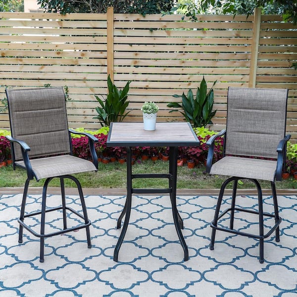 PHI VILLA Black 3-Piece Metal Square Outdoor Patio Bar Set with Wood-Look Bar Table and Padded Swivel Bistro Chairs