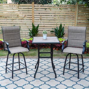 Black 3-Piece Metal Square Outdoor Patio Bar Set with Wood-Look Bar Table and Padded Swivel Bistro Chairs