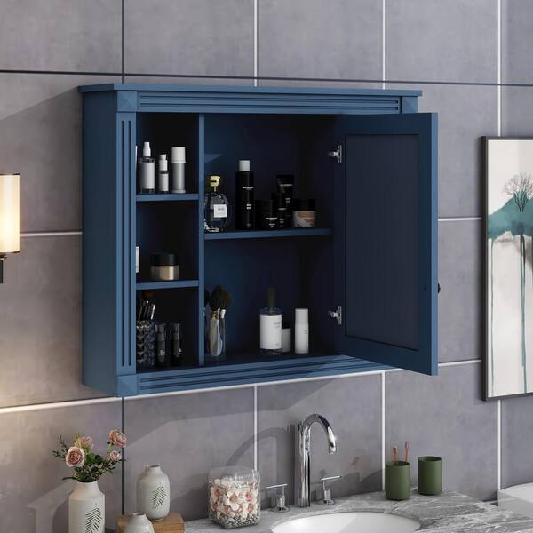 Unbranded 35 in. W x 28.7 in. H Rectangular Surface Mount Blue Bathroom Medicine Cabinet with Mirror with Open Shelves