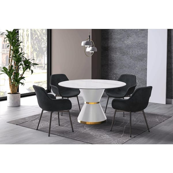 Leisuremod Modern Dining Table with a Round Sintered Stone Tabletop in White Steel Seats 6-10 Qorvus Collection in White