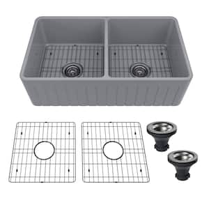 33 in. Farmhouse/Apron-Front Double Bowl Matte Gray Fine Fireclay Kitchen Sink with Bottom Grid and Strainer Basket
