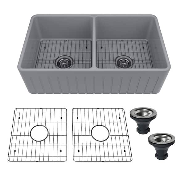 Boyel Living 33 in. Farmhouse/Apron-Front Double Bowl Matte Gray Fine Fireclay Kitchen Sink with Bottom Grid and Strainer Basket