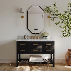 Elizabeth 48 in. W x 22 in. D Bath Vanity in Black Onyx w/ Marble Vanity Top in White w/ White Basin and Gold Hardware