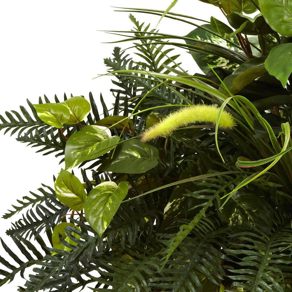 Green Plastic Fern and Grass Arrangement in Iron Planter