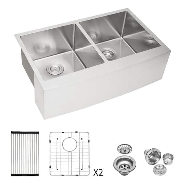 33 in. Farmhouse/Apron-Front Double Bowl 16 Gauge Stainless Steel Kitchen Sink with Bottom Grids and Drying Rack