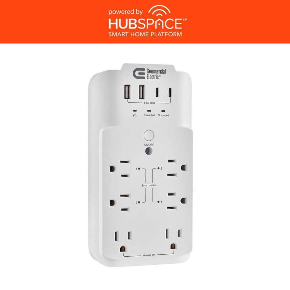 6-Outlet Smart Surge Protector with 4-USB Ports, White, Powered by Hubspace