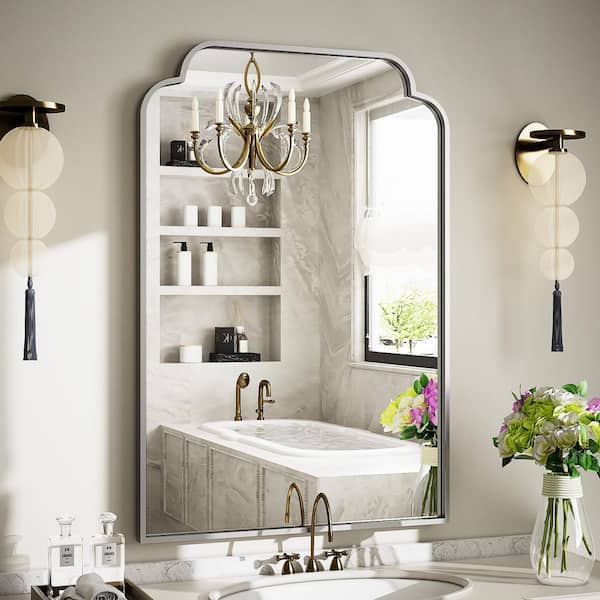 24 in. W x 36 in. H Arched Silver Metal Framed with Decorative Inward Curves Wall Bathroom Vanity Mirror