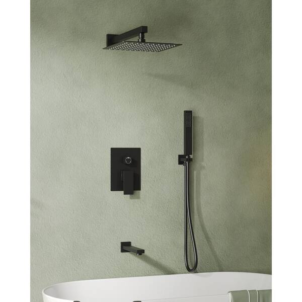 1-Handle 3-Spray Wall Mount Tub and Shower Faucet with 10 in. Rain Shower Head in Matte Black (Valve Included)