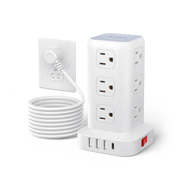 Lukyamzn 10 ft. Flat Plug Extension Cord Power Strip Tower 12-Outlets Surge Protector in White with 3 USB and 1 Type C Ports