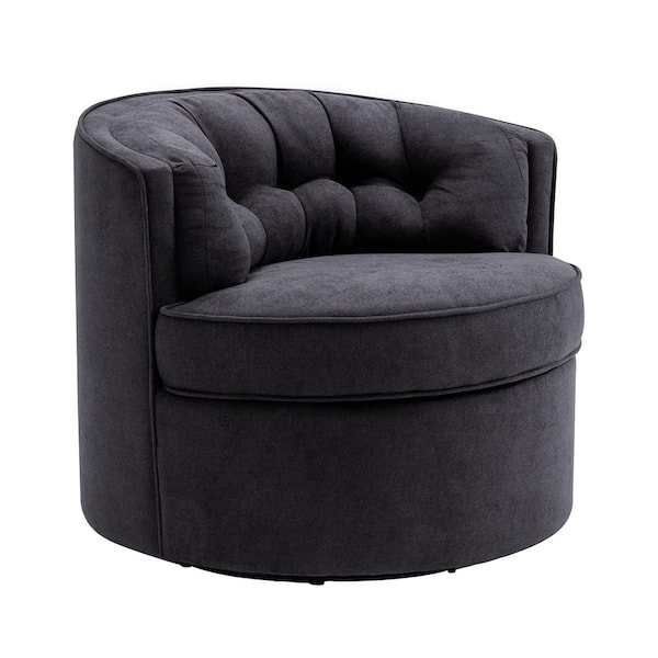 Zeus & Ruta Modern Black Linen 360-Degree Swivel Round Barrel Chair, Comfy Tufted Back Fabric Accent Leisure Chair