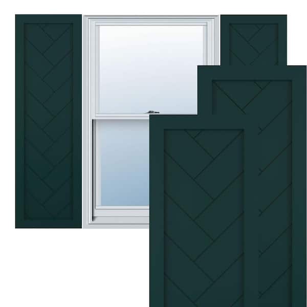Ekena Millwork 12 in. x 28 in. PVC Single Panel Herringbone Modern Style Fixed Mount Board and Batten Shutters Pair in Thermal Green