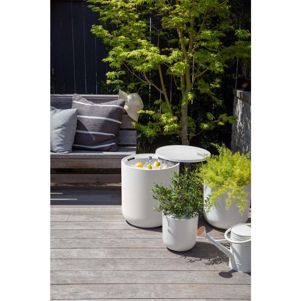 White Round Concrete-Plastic Outdoor Side Table with Cooler Function