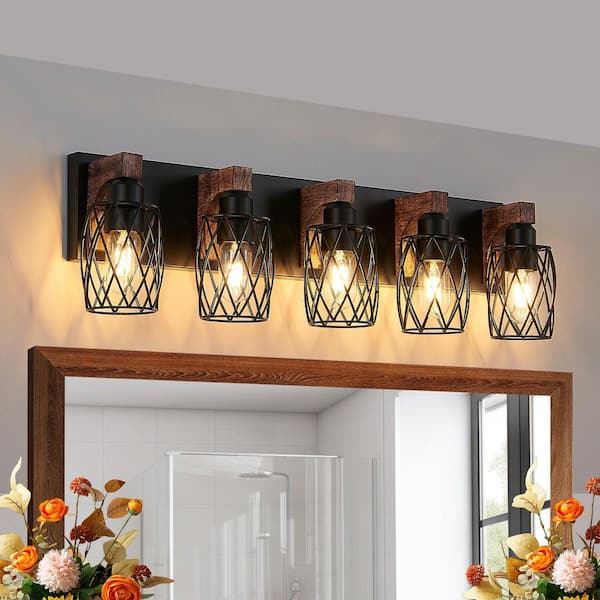 31 in. 5-Light Black Vanity Light Fixture Bathroom Over Mirror Wall Lights with Black Cage and Wooden Accents