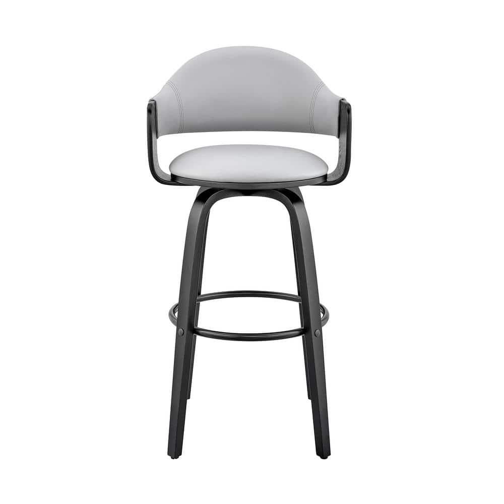 Gray Faux Leather and Black Wood Swivel Bar Stool