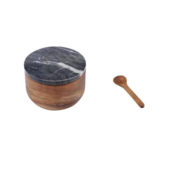 10 oz. Acacia Salt Cellar Bowl with Built in. Spoon and Marble Lid, Bath Sea Salt Container, Pepper Sealer Bowl, Black