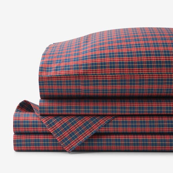The Company Store Company Cotton Red/Navy Christmas Plaid Cotton Percale King Sheet Set
