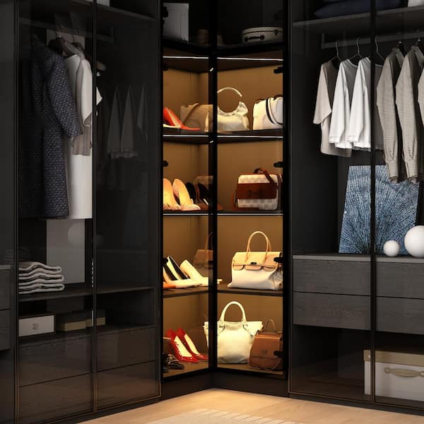 FUFU&GAGA Black Wood 31.5 in. W. 2-Door Corner Wardrobe Armoires Bag Cabinet with Glass Doors, 3-Colors LED Lights
