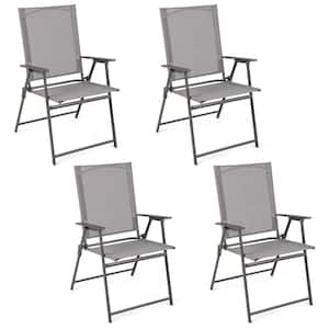 Metal Patio Folding Portable Outdoor Dining Chairs Frame Armrests Outdoor Grey (Set of 4)