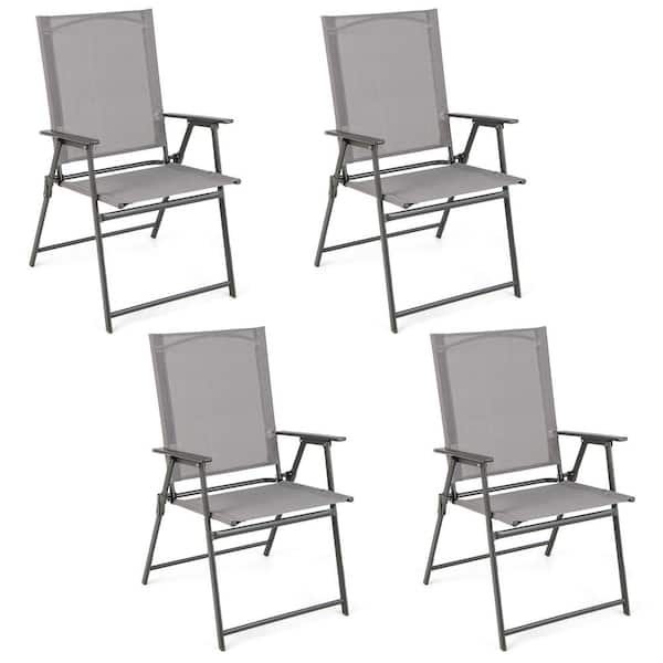 Costway Metal Patio Folding Portable Outdoor Dining Chairs Frame Armrests Outdoor Grey (Set of 4)
