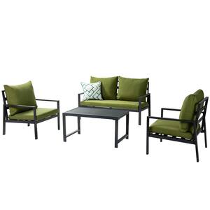 4-Piece Metal Patio Conversation Sofa Set with Green Cushions