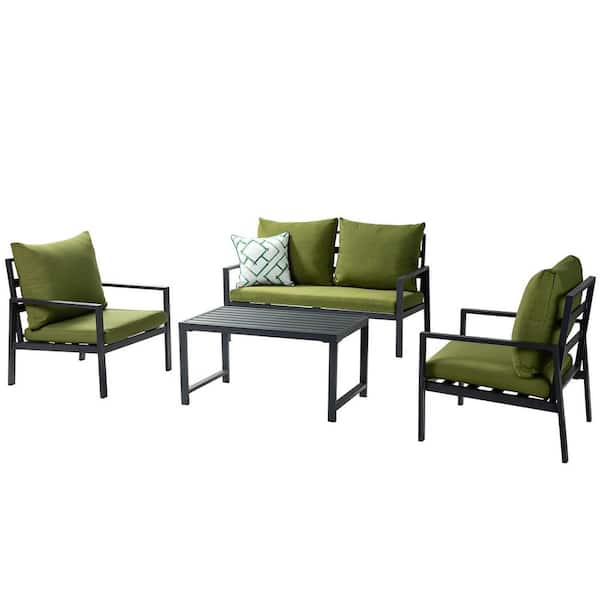 Willit 4-Piece Metal Patio Conversation Sofa Set with Green Cushions