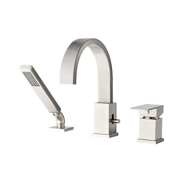 Single-Handle Deck Mounted Roman Tub Faucet with Handheld Sprayer in. Brushed Nickel Waterfall Bathtub Filler Faucet