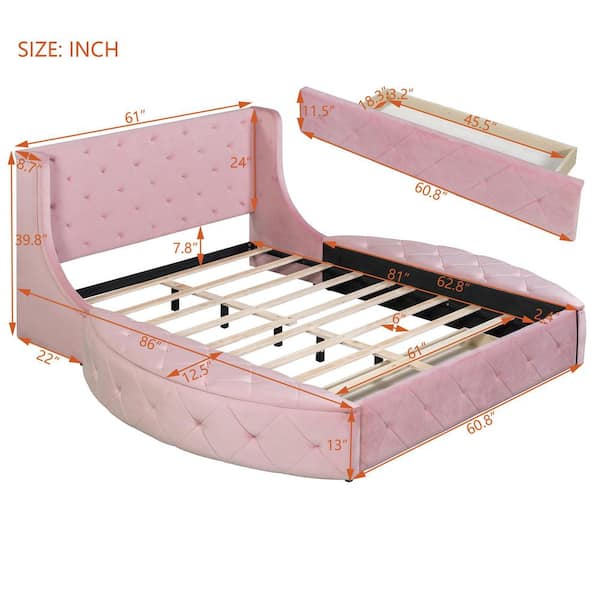 Pink Wood Frame Queen Upholstered Platform Bed with Wingback Headboard, 2-Side Storage Stool and 1-Big Drawer