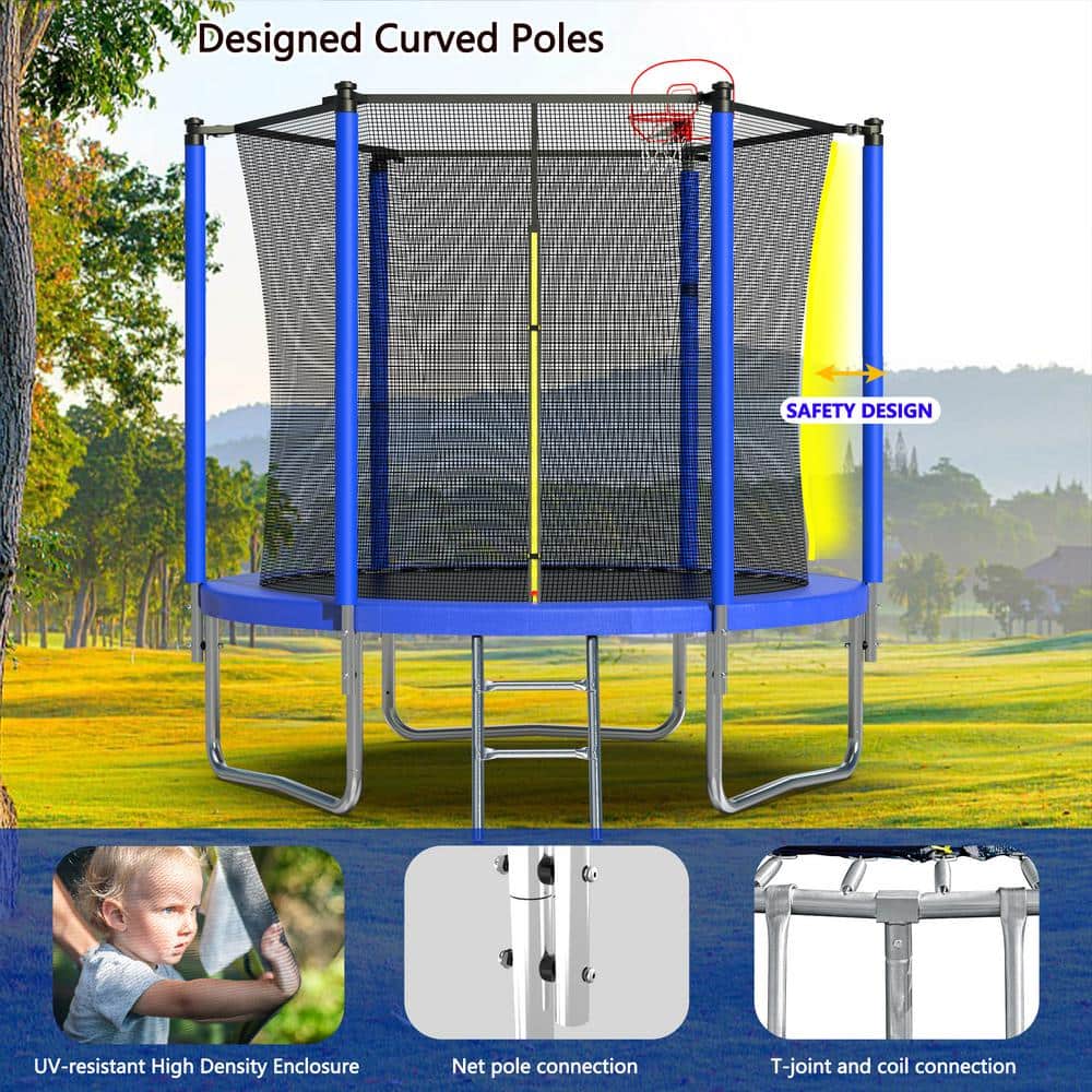 Blue 8 ft. Round Outdoor Trampoline with Enclosure Net