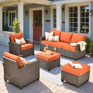 Marcia 5-Piece Wicker Modern Outdoor Patio Conversation Sofa Seating Set with Orange Red Cushions