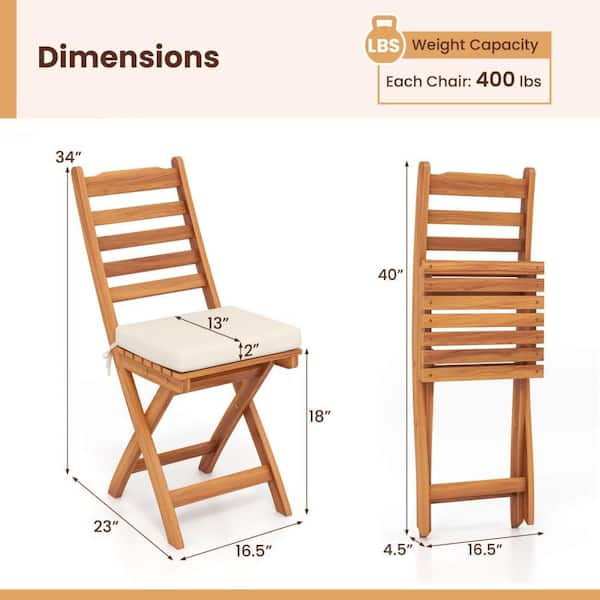 Wood Outdoor Dining Chair Patio Folding Chairs with Slatted Backrests and Soft Seat White Cushion (2-Pack)